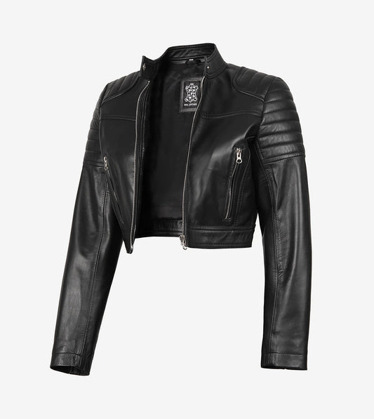 Black Cropped Leather Cafe Racer Jacket For Women