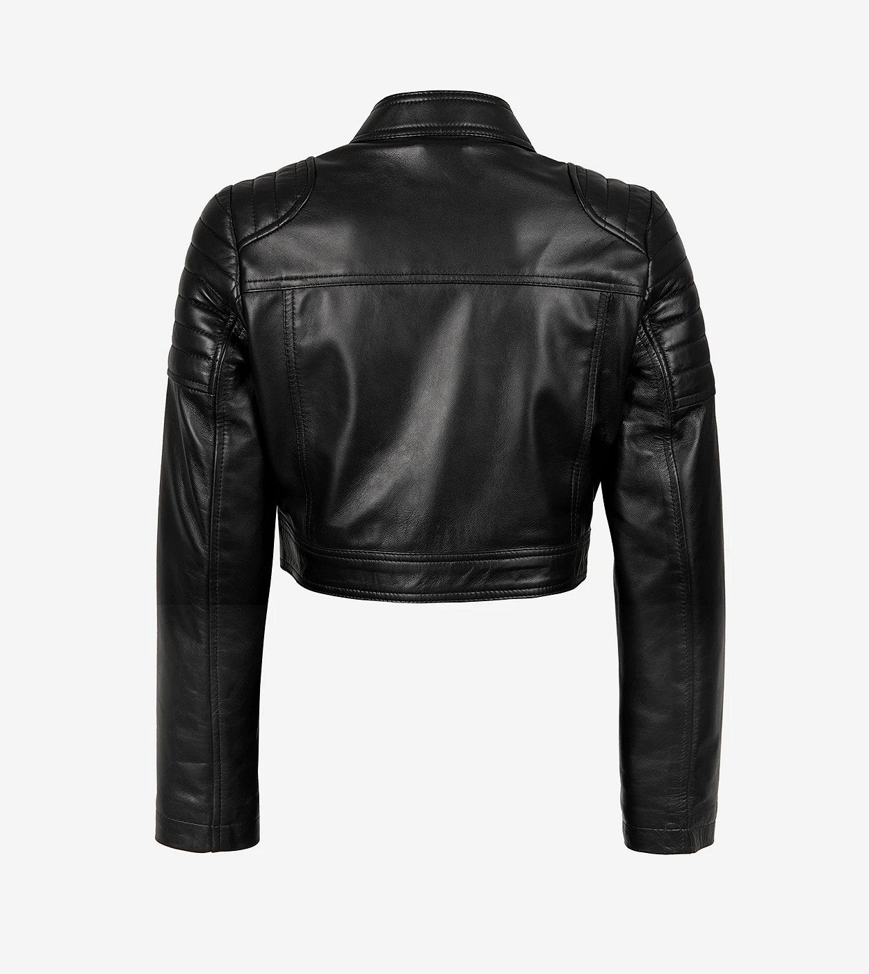 Black Cropped Leather Cafe Racer Jacket For Women