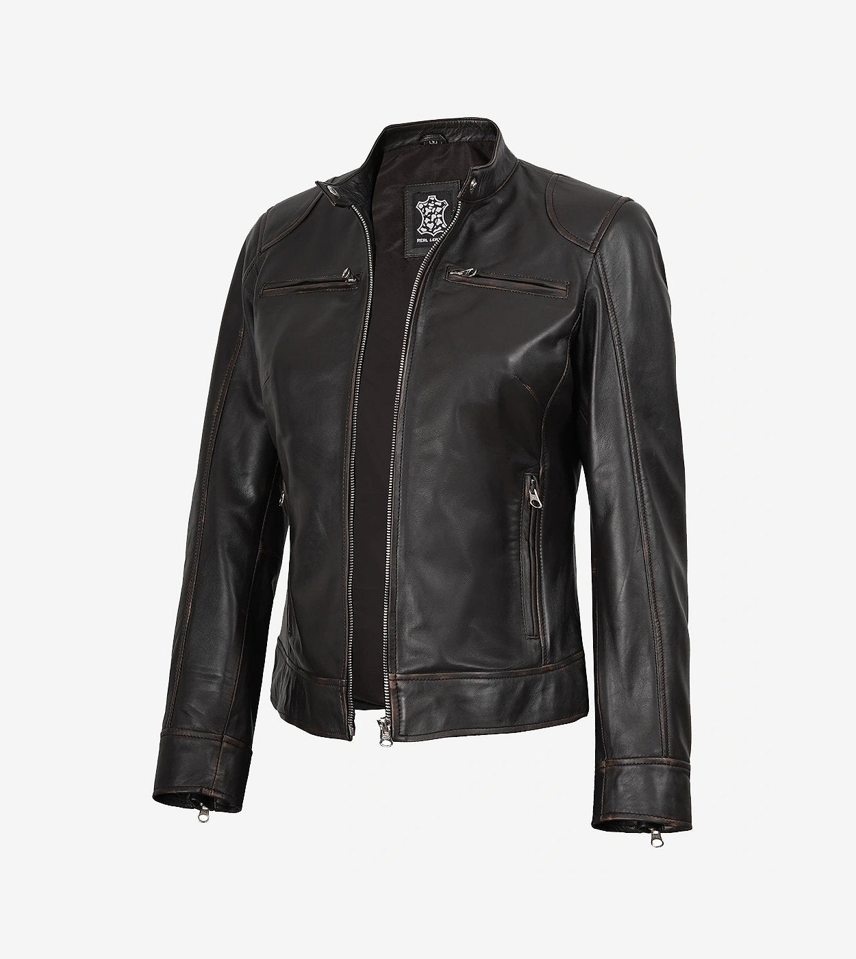 Dodge Womens Distressed Brown Cafe Racer Leather Jacket