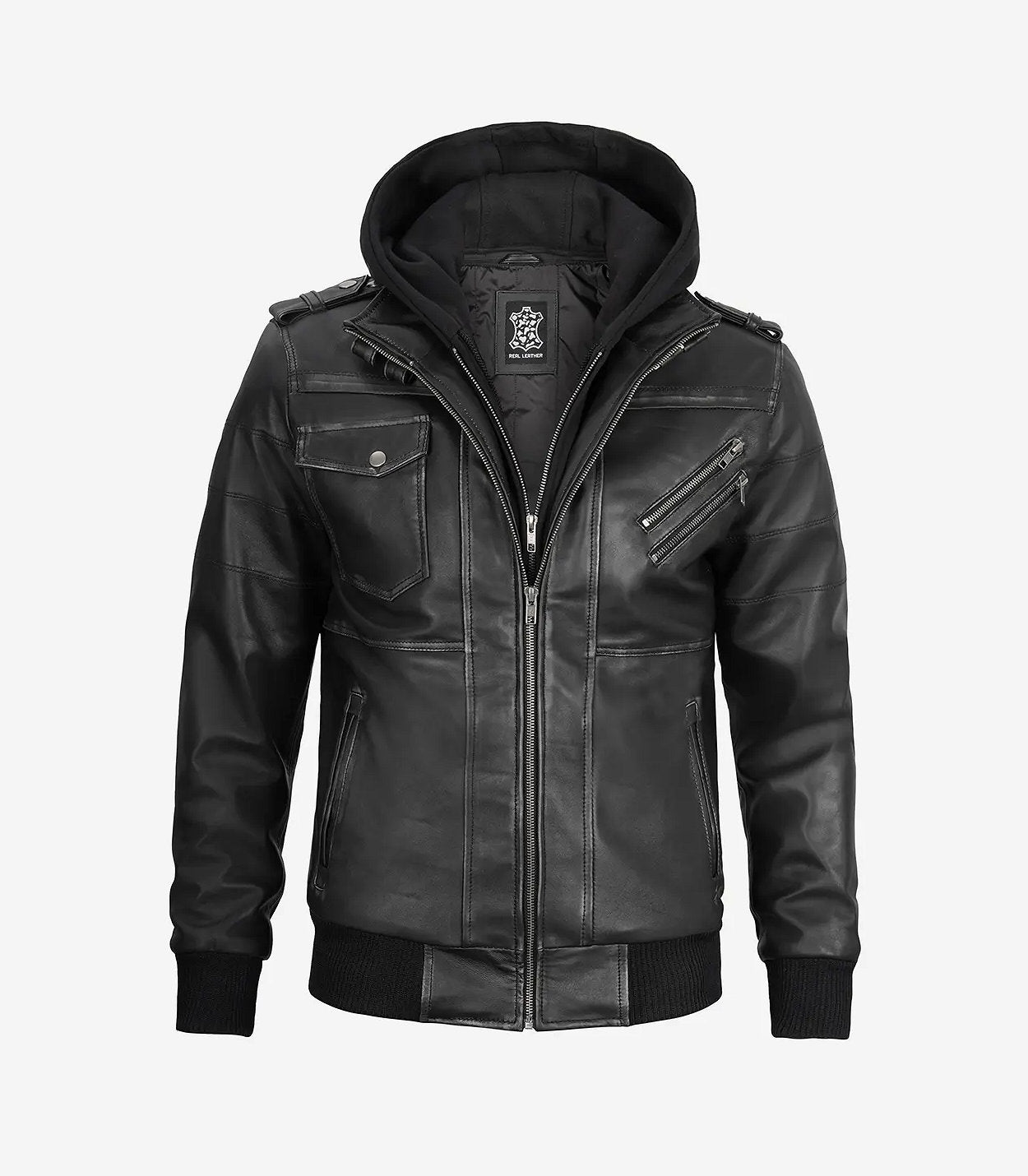 Edinburgh Men'S Grey Leather Bomber Jacket With Removable Hood