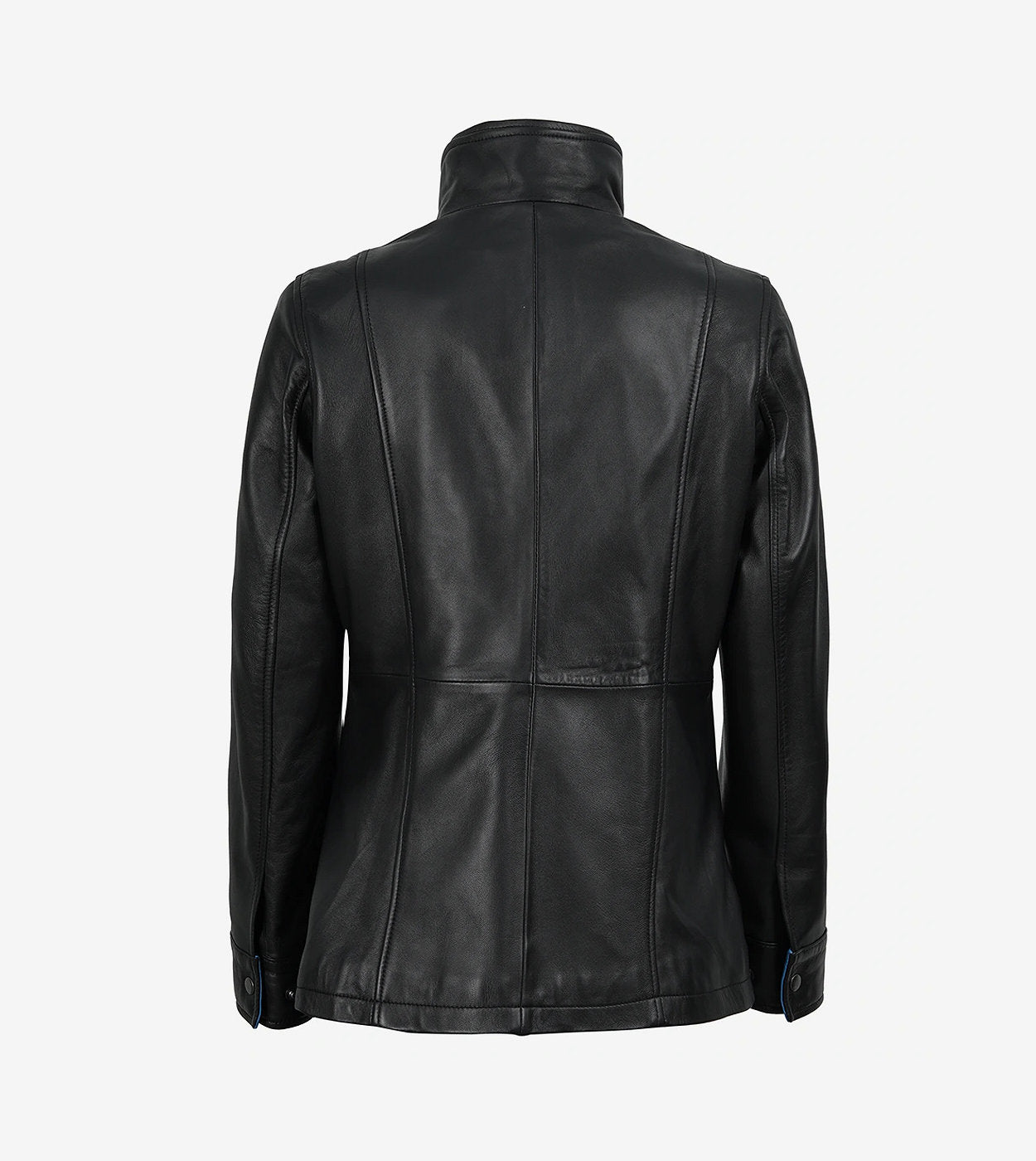 Eric Women'S High-Collar Black Leather Jacket With Blue Waxed Details