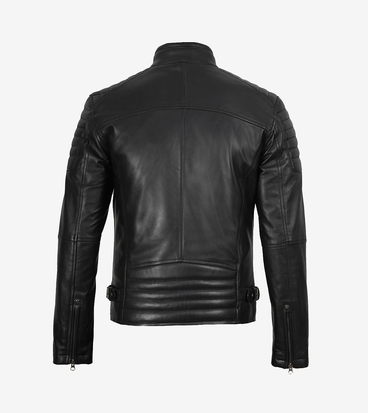 Men'S Black Biker Style Leather Jacket With Padded Shoulders