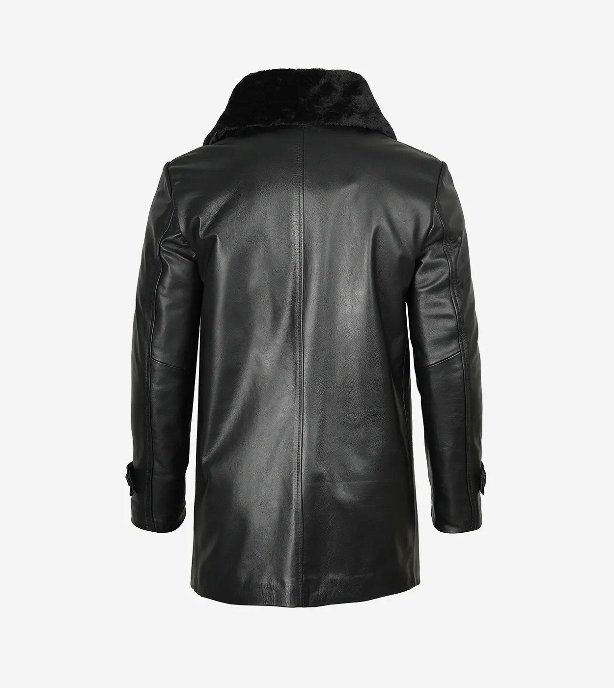 Men'S Black Leather 3/4 Length Coat With Fur Collar