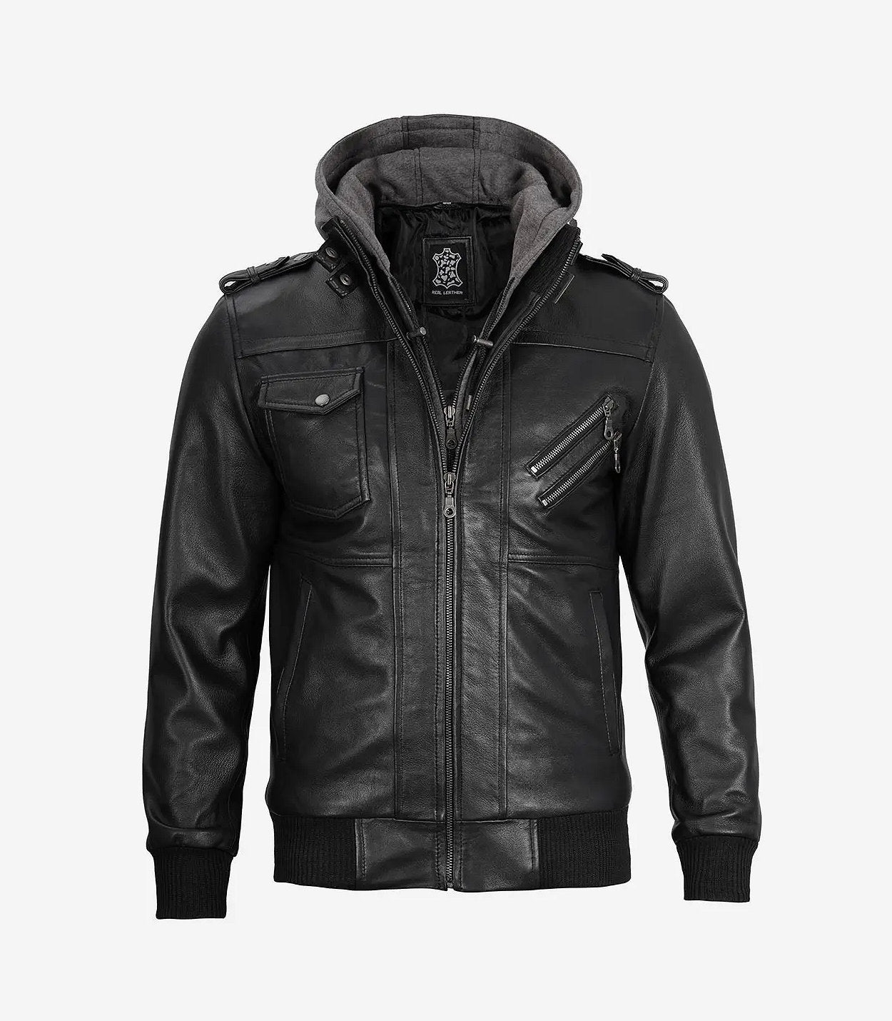 Men'S Black Leather Jacket With Grey Removable Hood