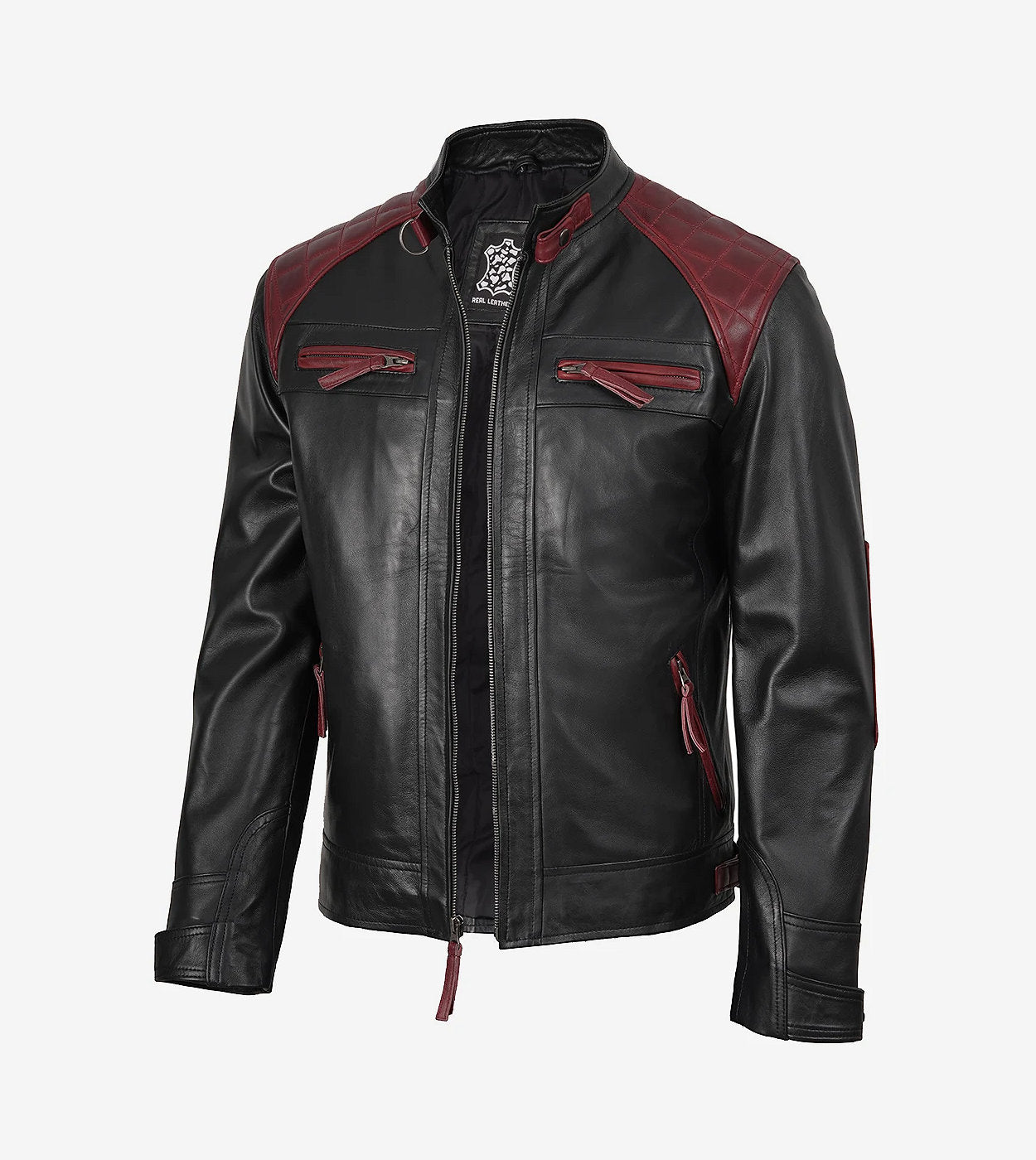 Men'S Black And Maroon Cafe Racer Leather Jacket - Quilted Shoulder