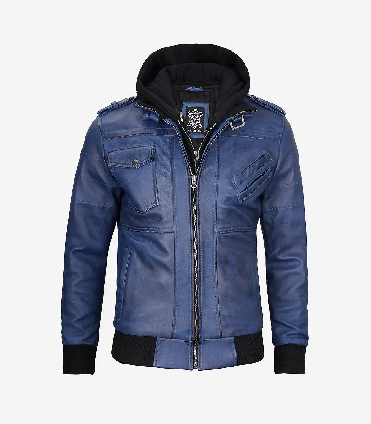 Men'S Blue Wax Leather Bomber Jacket With Removable Hood
