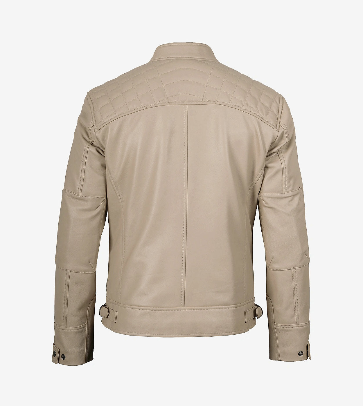 Men'S Café Racer Beige Leather Jacket - Quilted Shoulder
