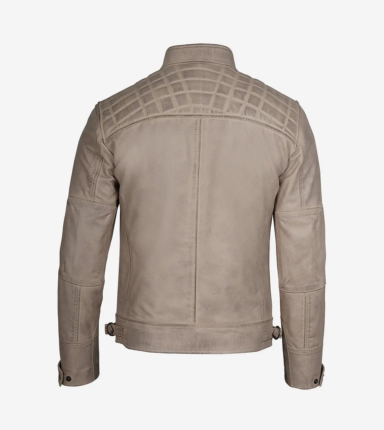 Men'S Cafe Racer Warm Beige Waxed Leather Jacket - Quilted Shoulder