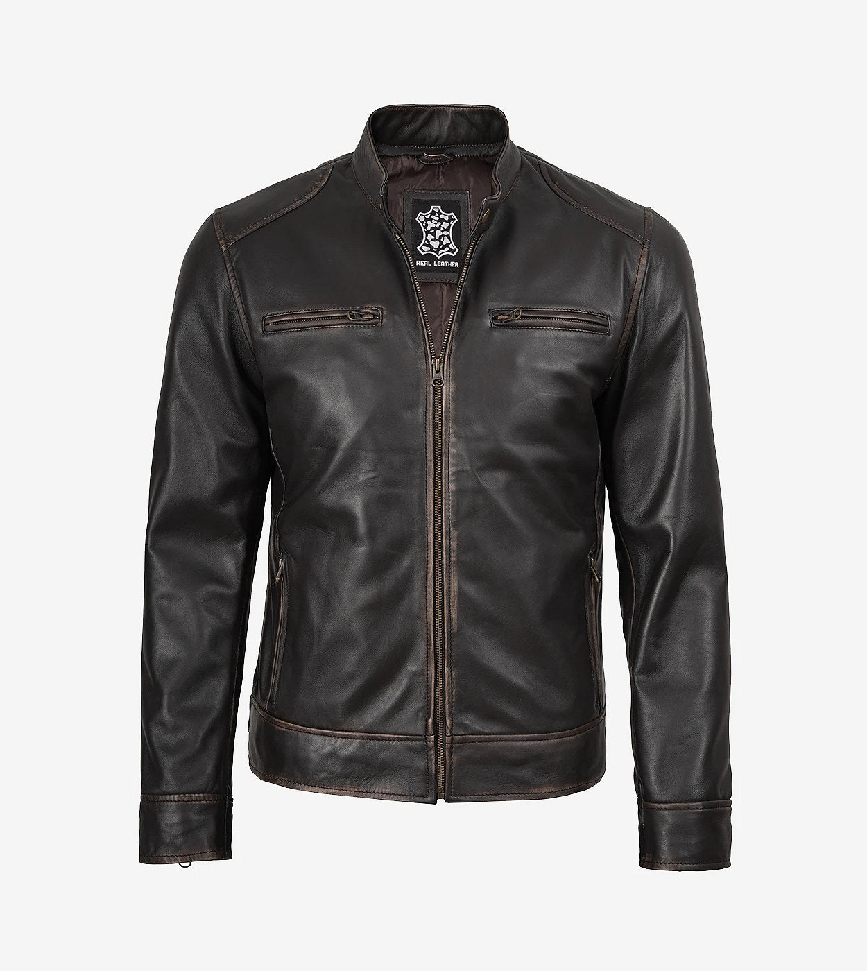 Men'S Distressed Brown Cafe Racer Leather Jacket