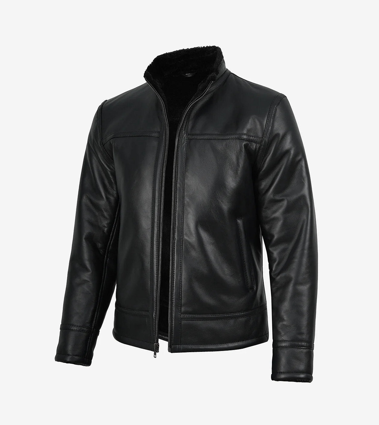 Mens Black Biker Style Shearling Leather Jacket