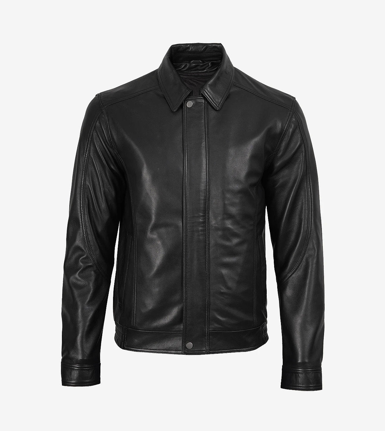 Mens Black Shirt Collar Bomber Leather Jacket