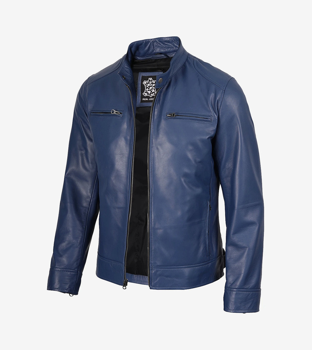 Mens Classic Blue Cafe Racer Leather Jacket