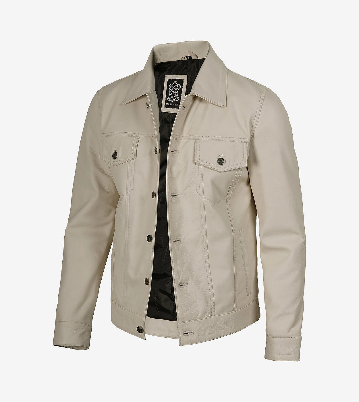 Mens Four Pockets Off White Leather Trucker Jacket