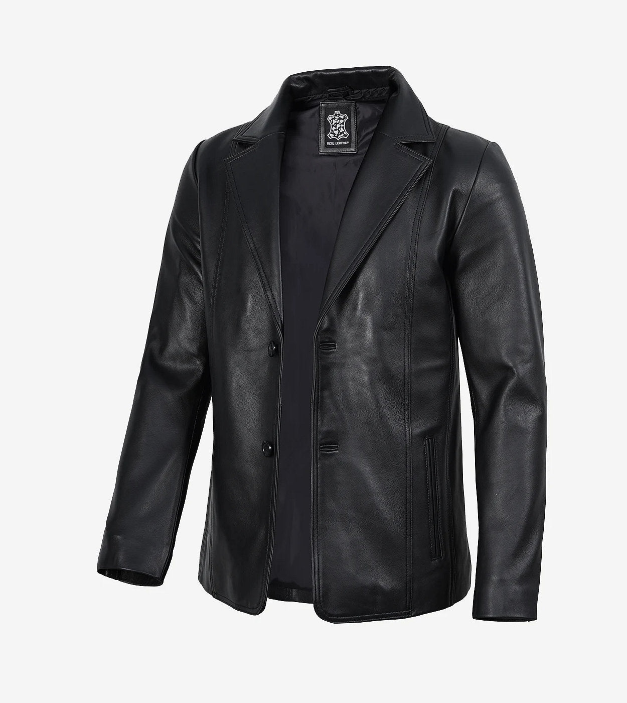 Mens Notch Lapel Two Button Black Leather Blazer