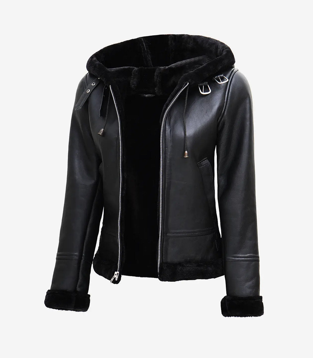 Women'S Black Leather Hooded Shearling Jacket