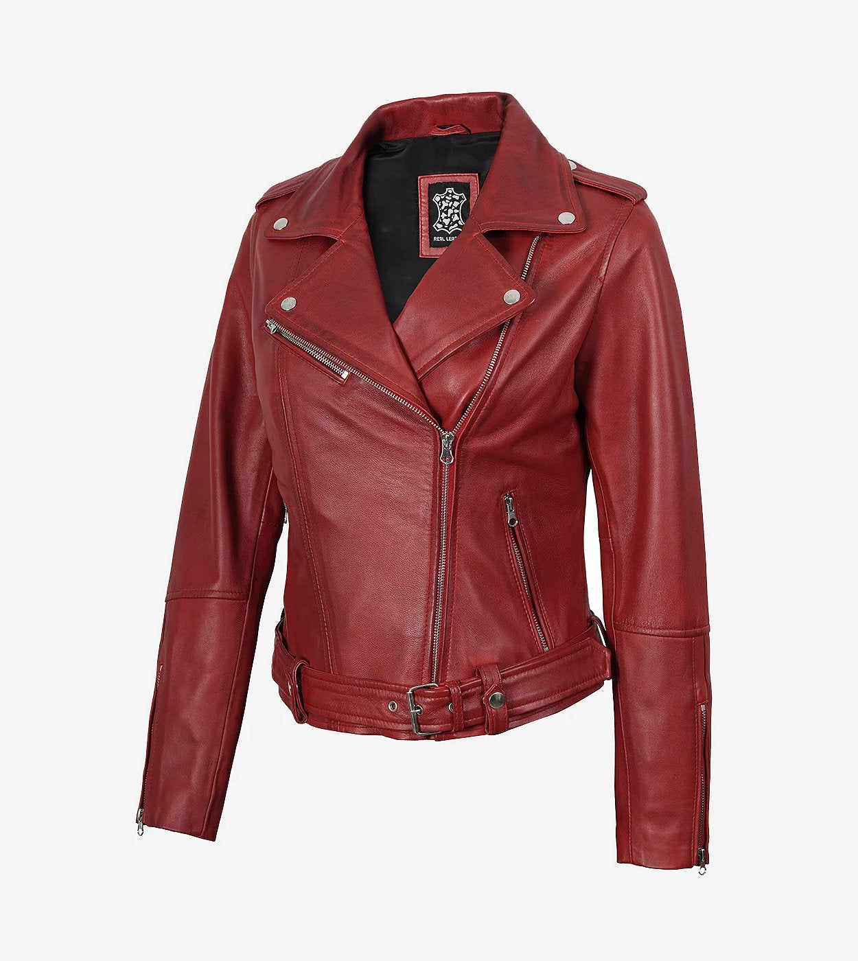 Women'S Red Asymmetrical Belted Biker Style Leather Jacket