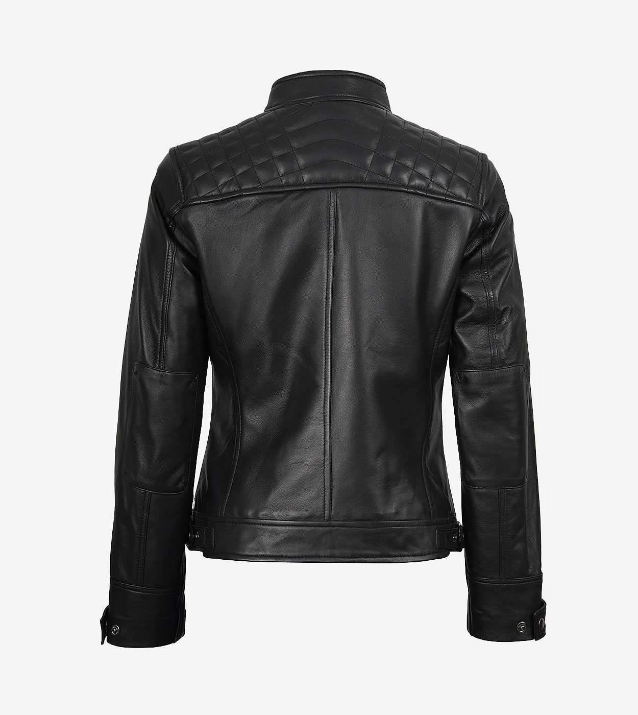 Womens Black Leather Cafe Racer Jacket - Quilted Shoulder