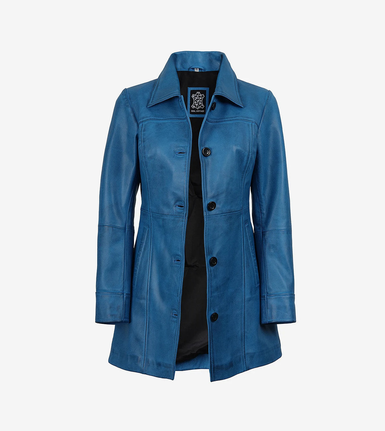 Womens Blue 3/4 Length Button Down Leather Coat