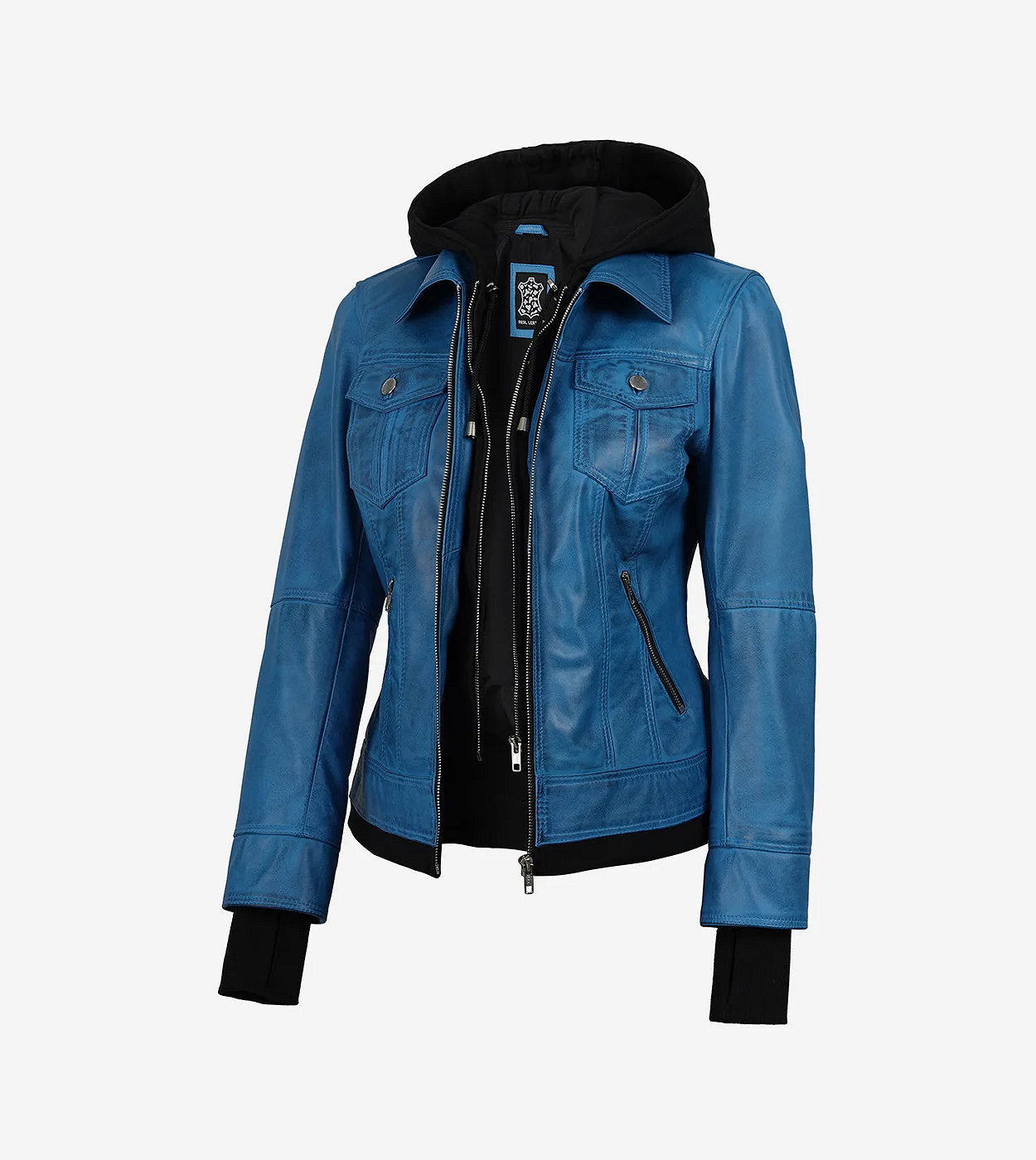 Womens Blue Bomber Leather Jacket With Hood