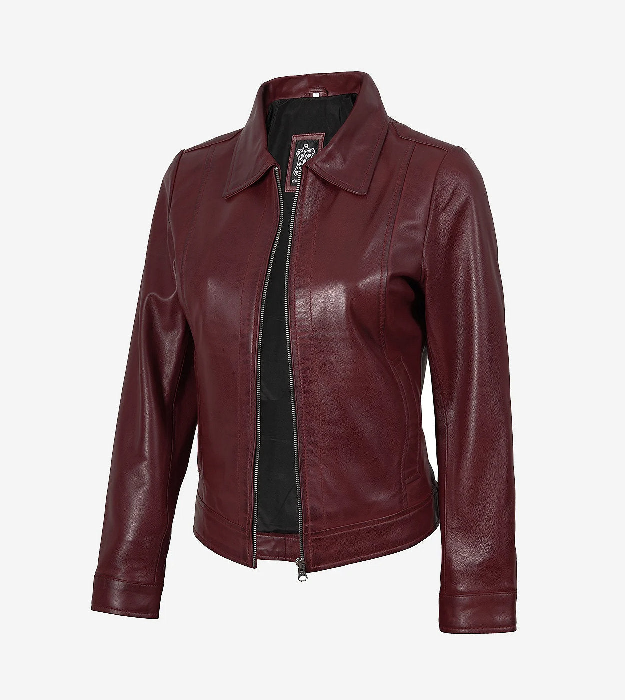 Womens Shirt Collar Burgundy Leather Jacket