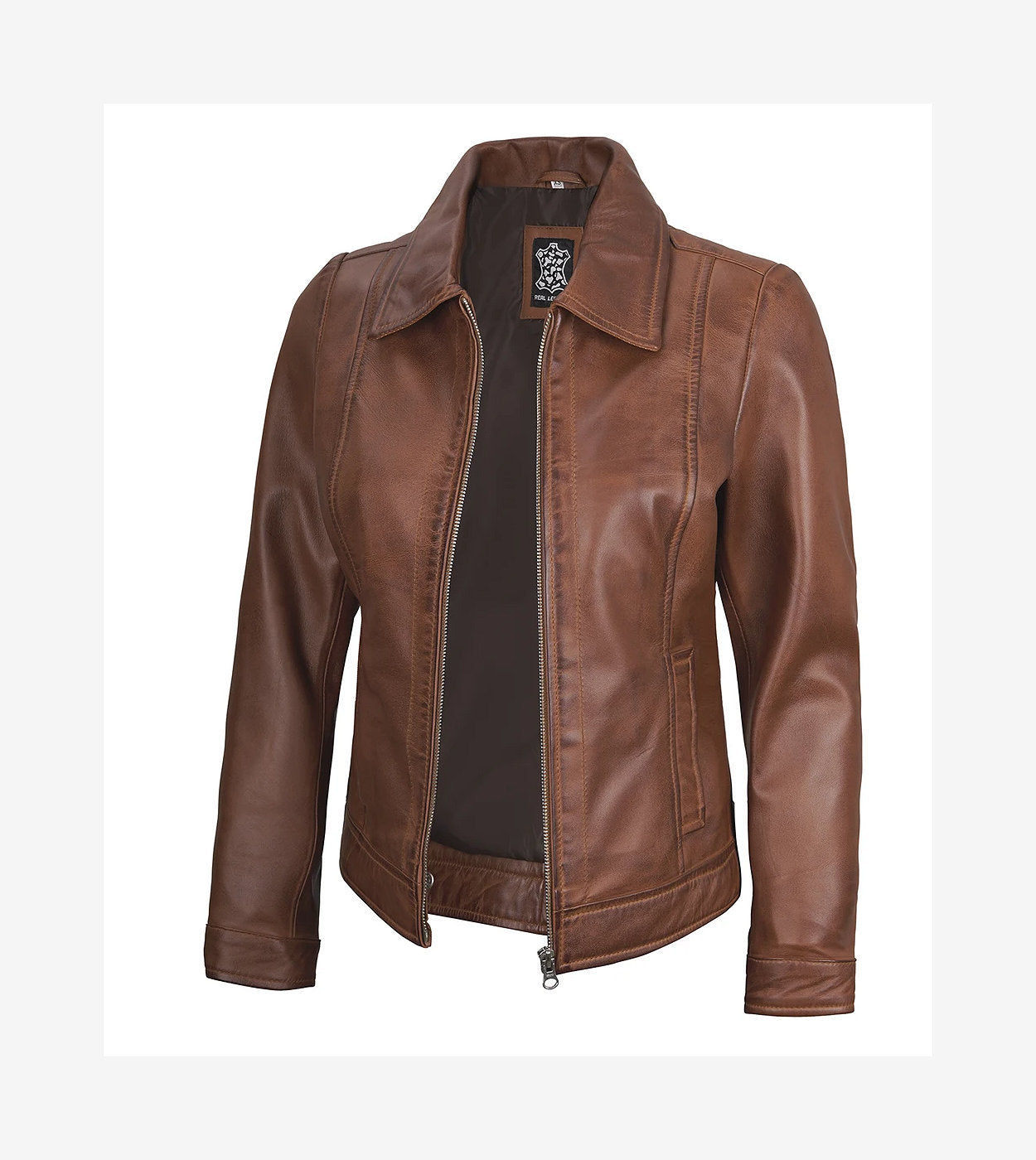 Womens Shirt Collar Cognac Harrington Leather Jacket