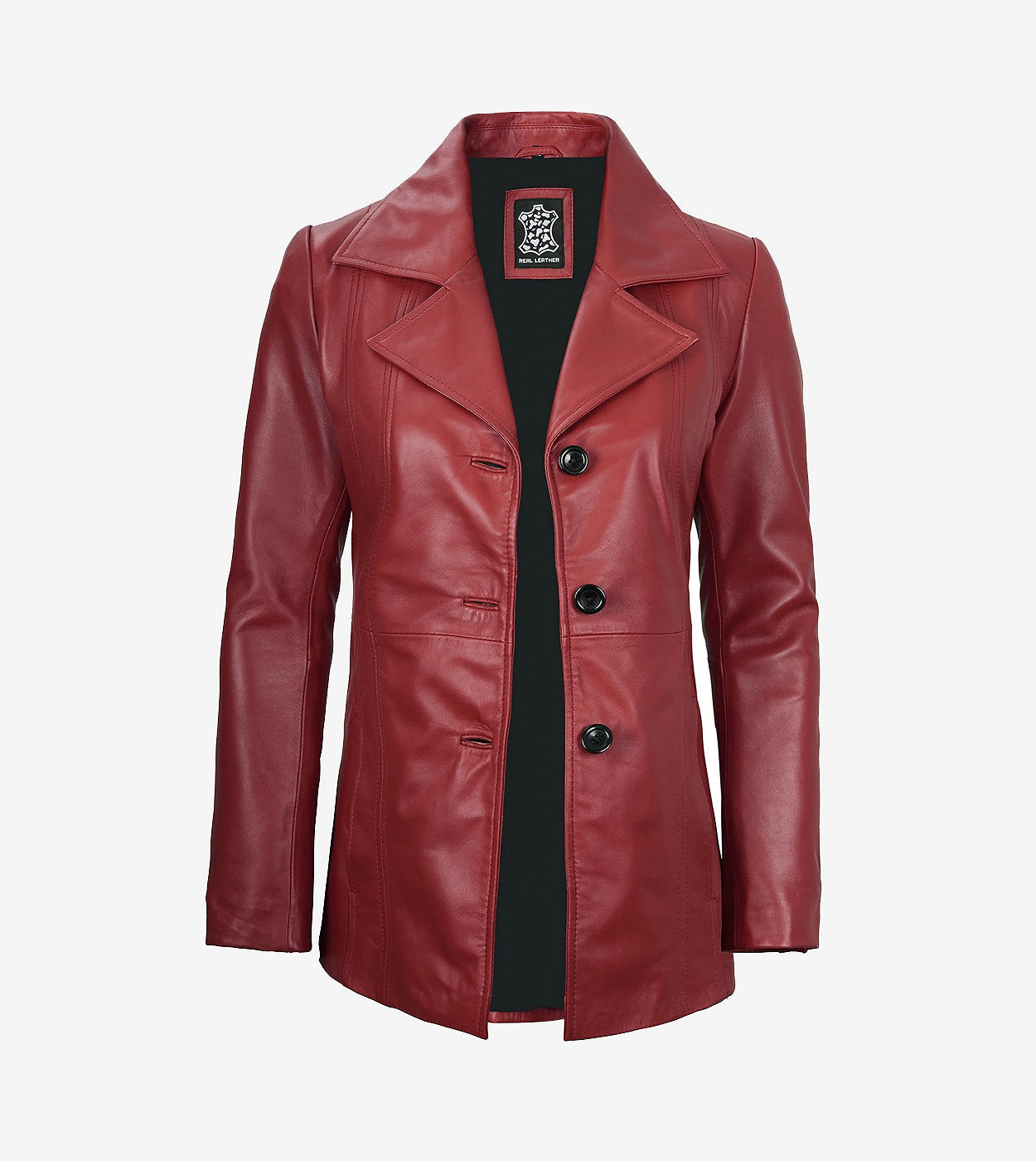 Womens Three Button Red Leather Blazer