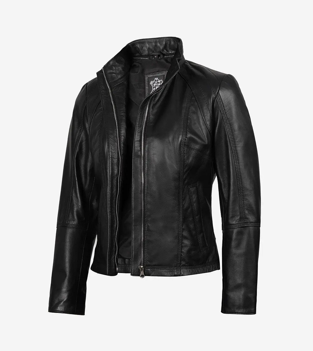 Acerra Womens Slim Fit Black Cafe Racer Leather Jacket