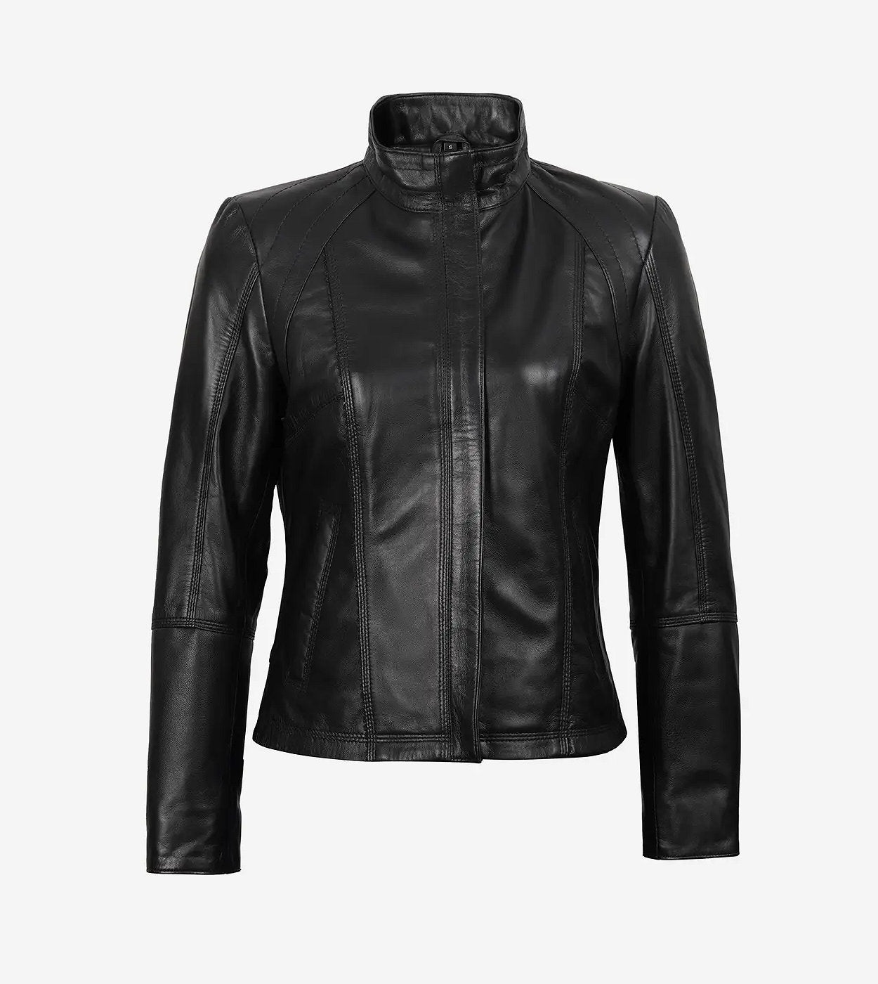 Acerra Womens Slim Fit Black Cafe Racer Leather Jacket