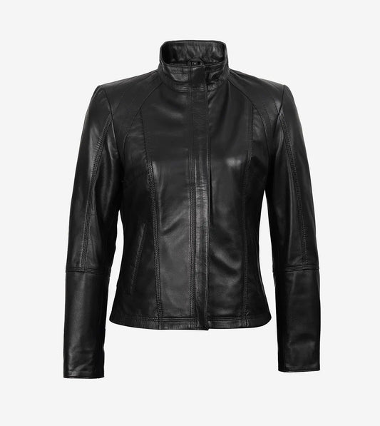 Acerra Womens Slim Fit Black Cafe Racer Leather Jacket