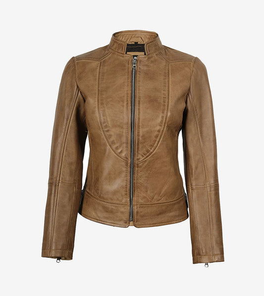 Amy Womens Camel Brown Biker Style Leather Jacket
