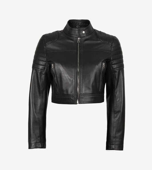 Black Cropped Leather Cafe Racer Jacket For Women