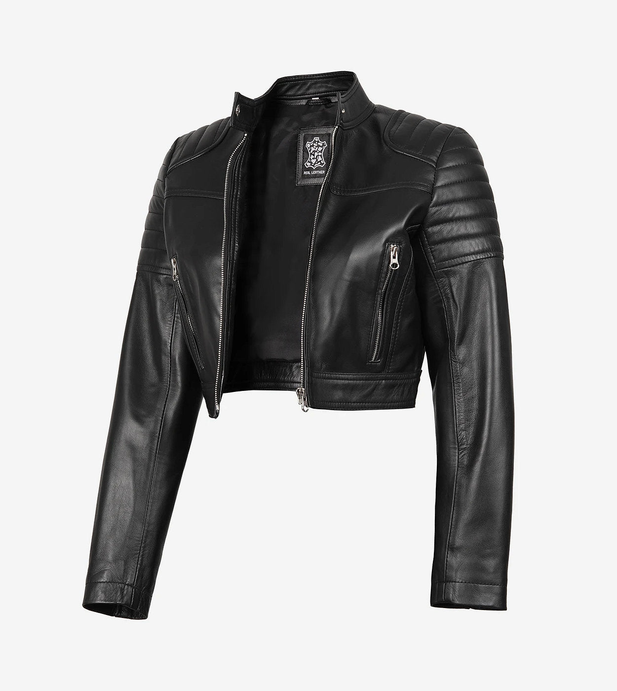 Black Cropped Leather Cafe Racer Jacket For Women