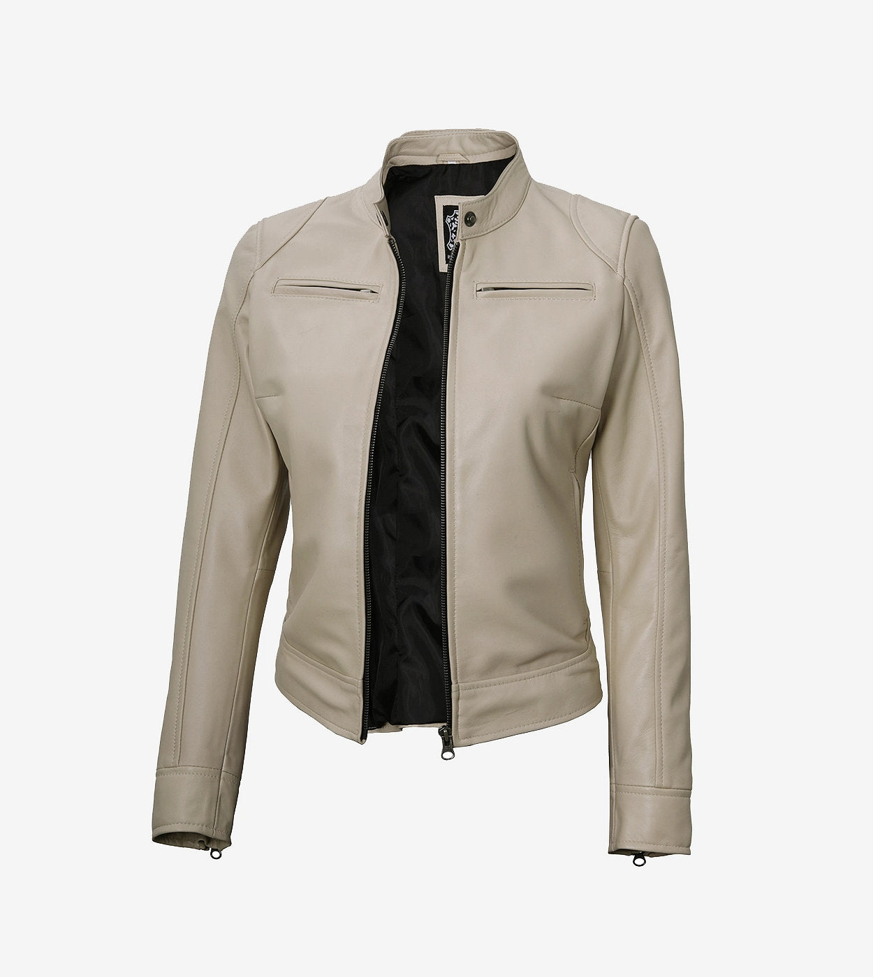 Dodge Beige Cafe Racer Leather Jacket For Women