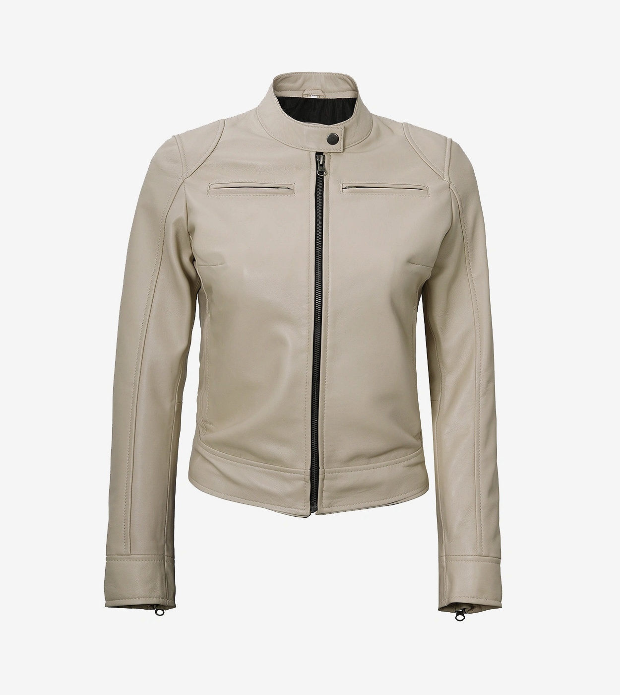 Dodge Beige Cafe Racer Leather Jacket For Women