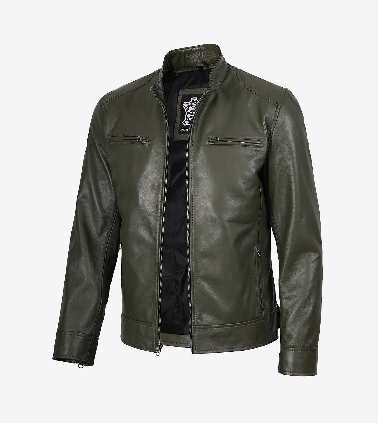 Dodge Olive Green Cafe Racer Leather Jacket For Men