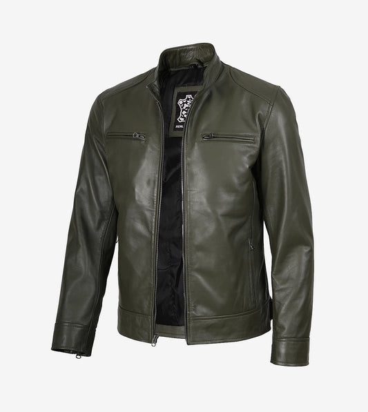 Dodge Olive Green Cafe Racer Leather Jacket For Men