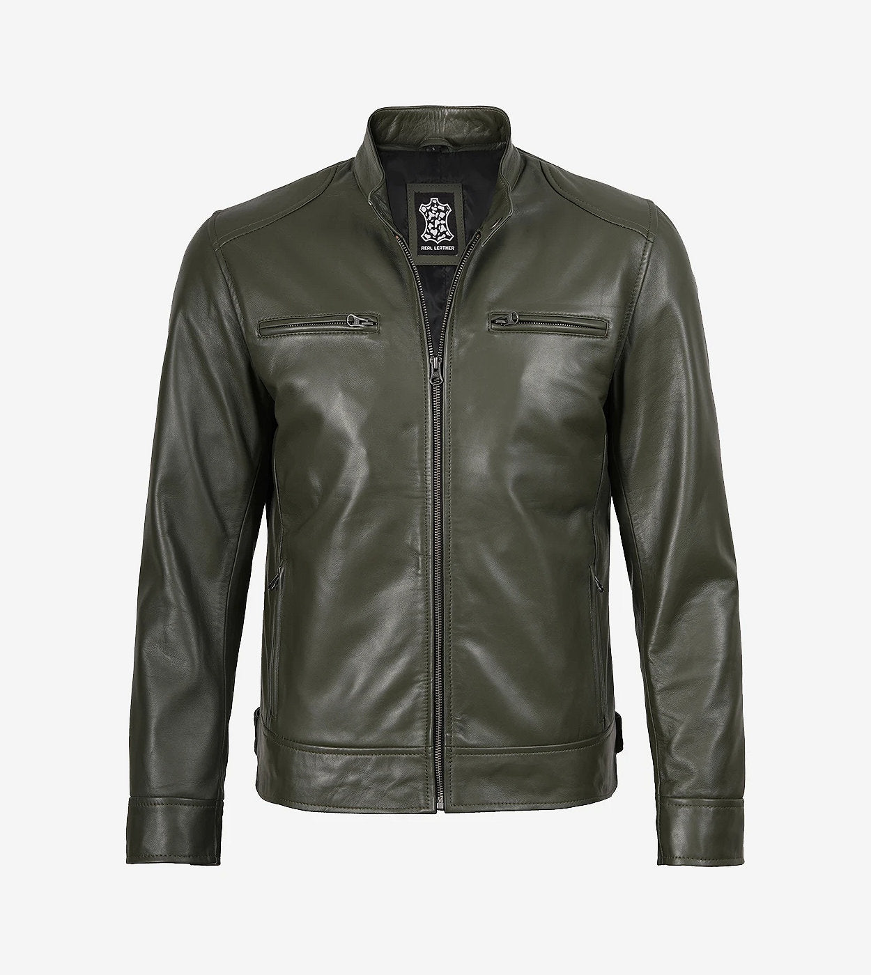 Dodge Olive Green Cafe Racer Leather Jacket For Men