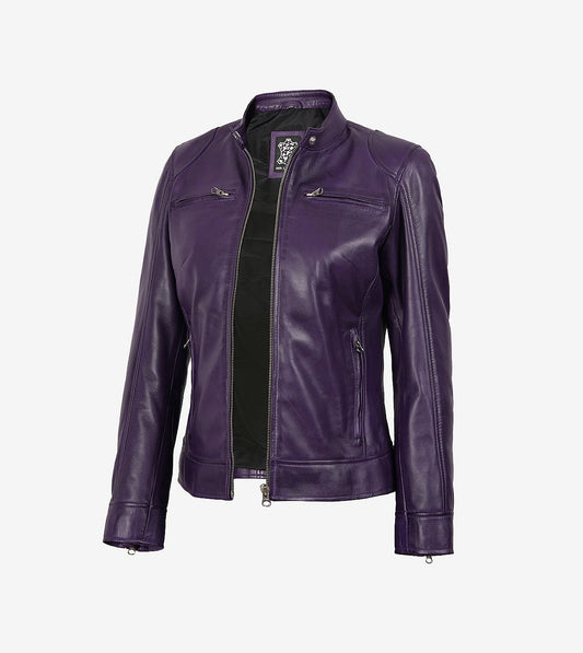 Dodge Womens Real Lambskin Leather Purple Cafe Racer Jacket