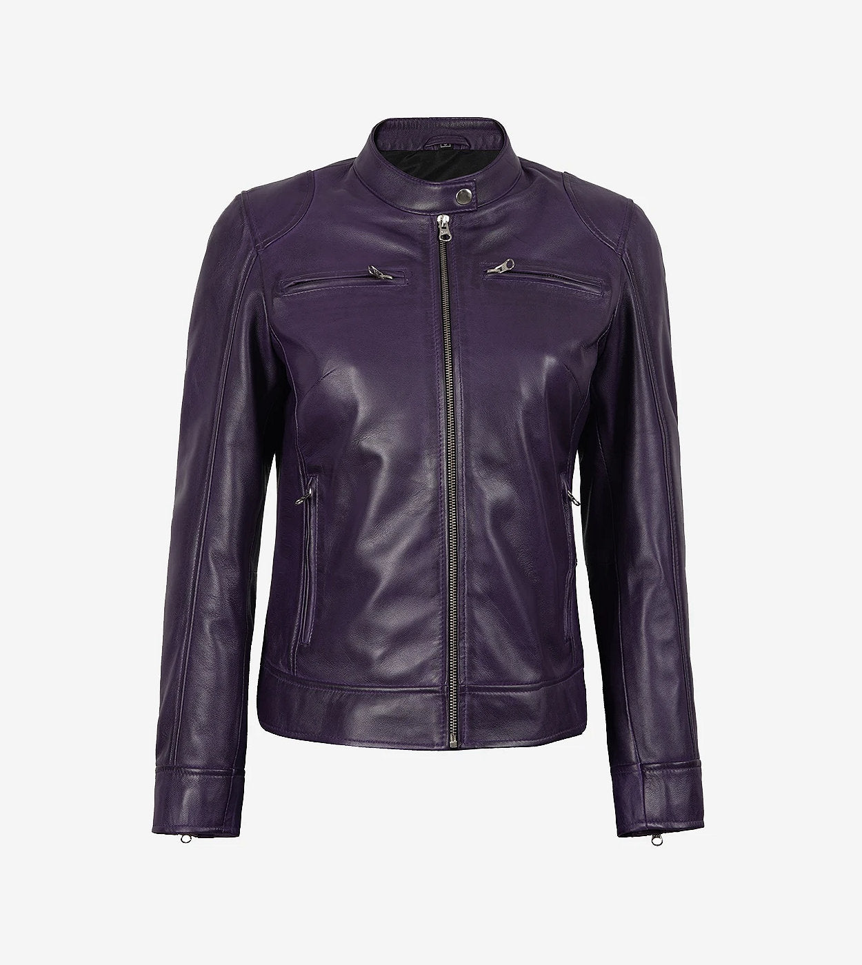 Dodge Womens Real Lambskin Leather Purple Cafe Racer Jacket