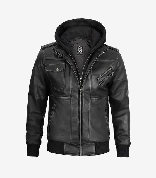 Edinburgh Men'S Grey Leather Bomber Jacket With Removable Hood