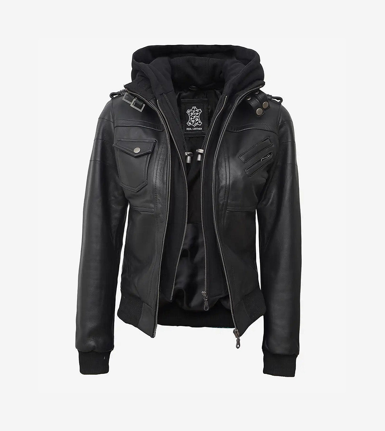 Edinburgh Womens Tall Black Leather Bomber Jacket With Removable Hood