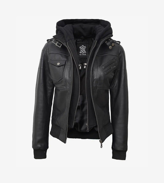 Edinburgh Womens Tall Black Leather Bomber Jacket With Removable Hood