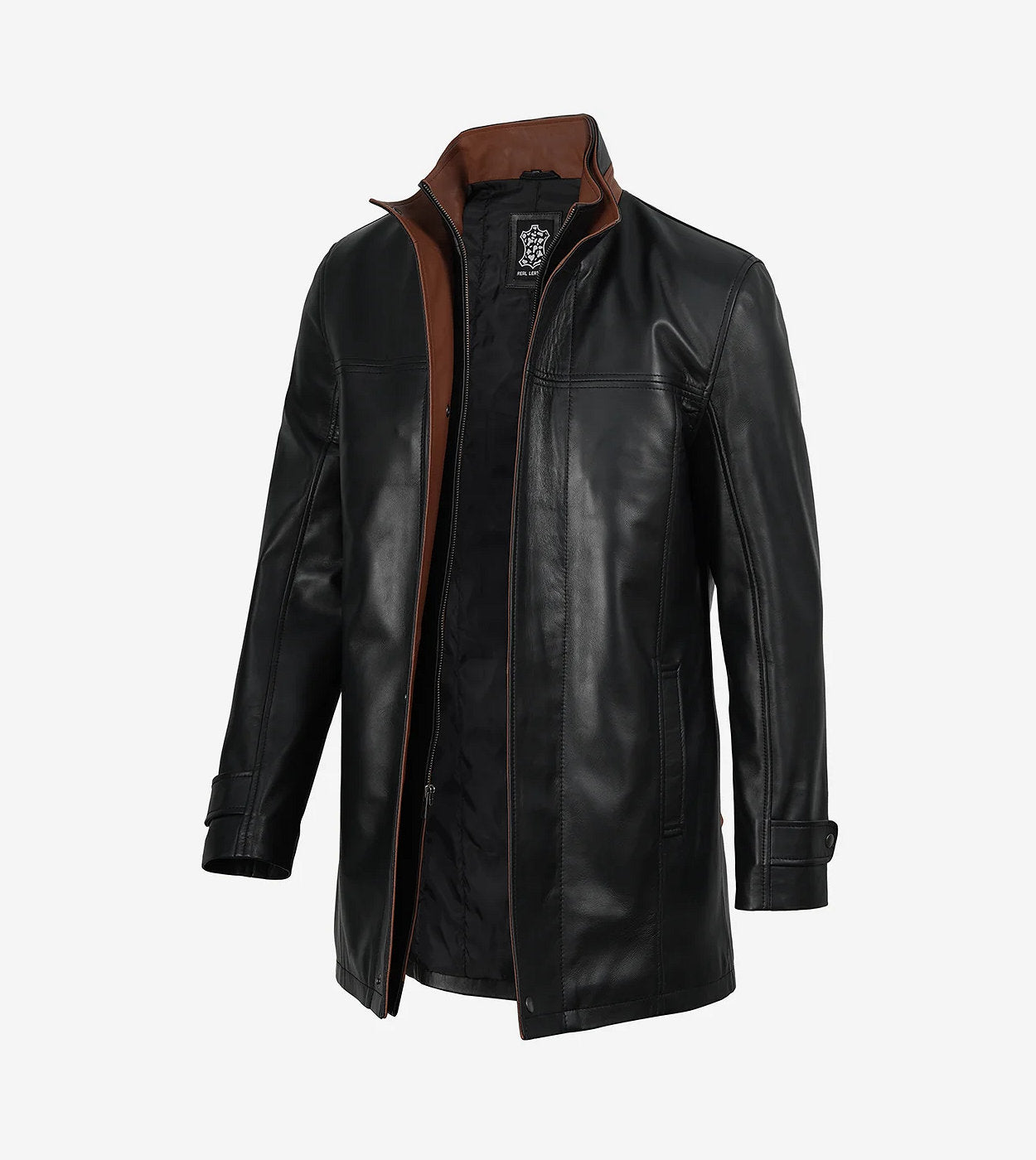 Eric Mens High-Collar Black Leather Jacket With Brown Details