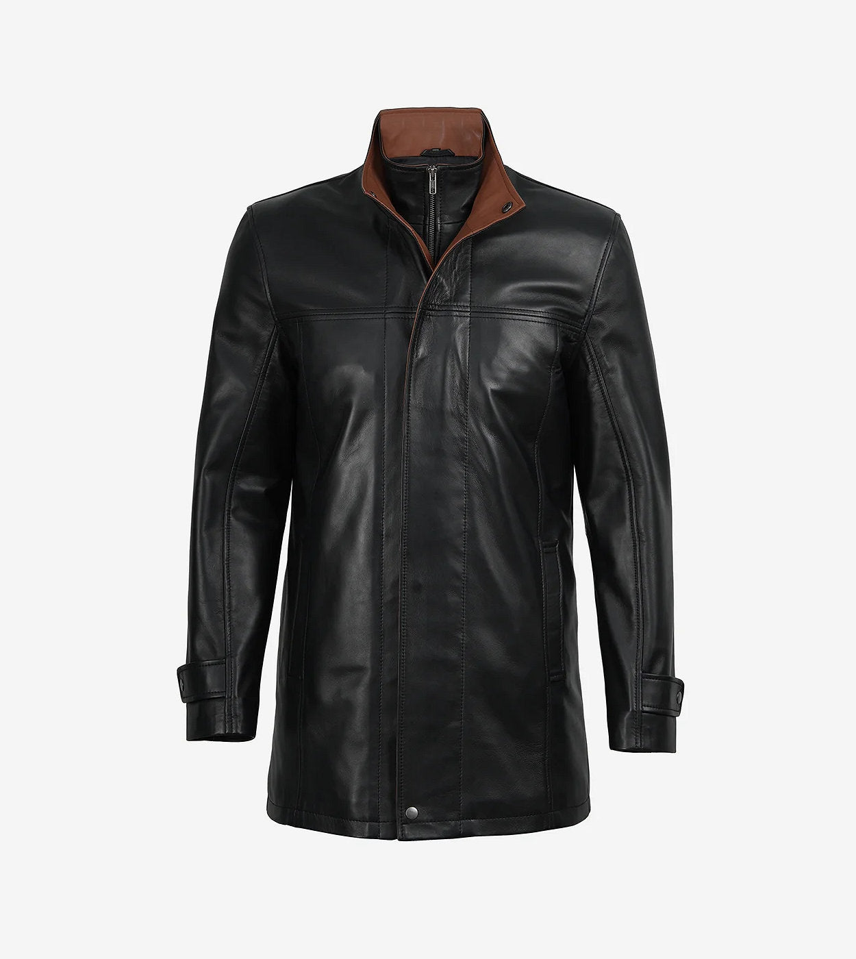 Eric Mens High-Collar Black Leather Jacket With Brown Details
