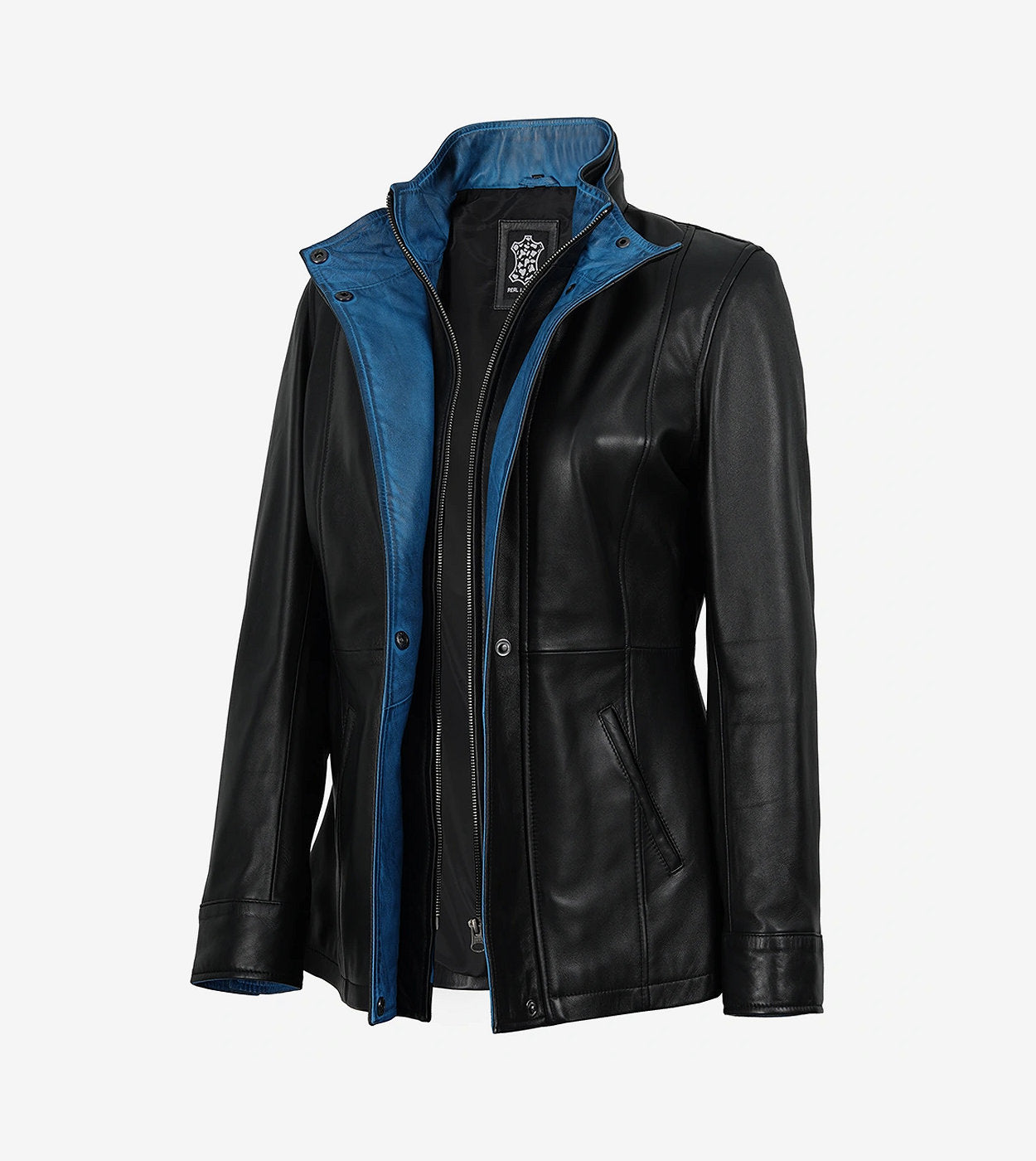 Eric Women'S High-Collar Black Leather Jacket With Blue Waxed Details