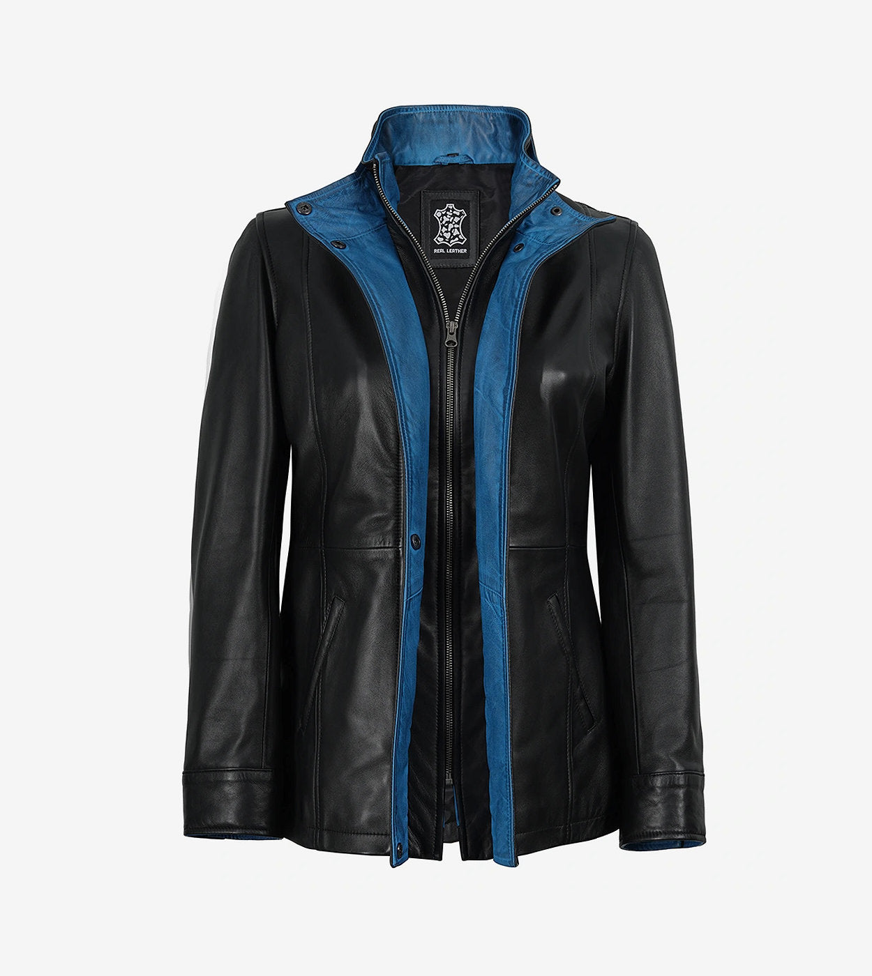 Eric Women'S High-Collar Black Leather Jacket With Blue Waxed Details