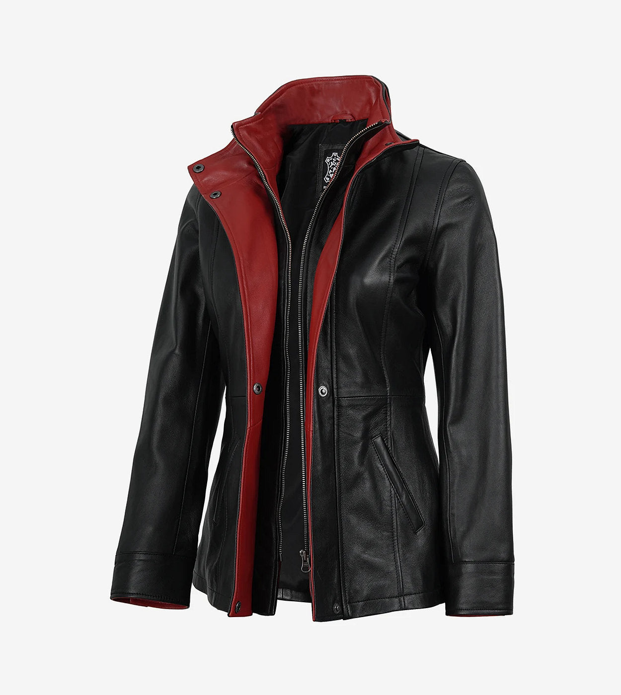 Eric Women'S High-Collar Black Leather Jacket With Red Details