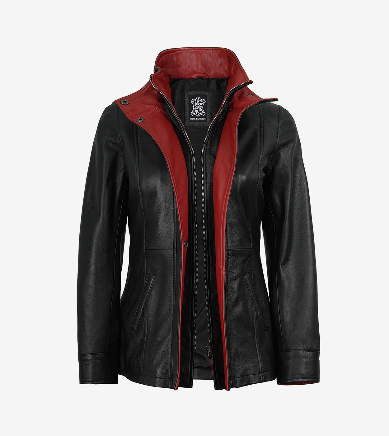 Eric Women'S High-Collar Black Leather Jacket With Red Details