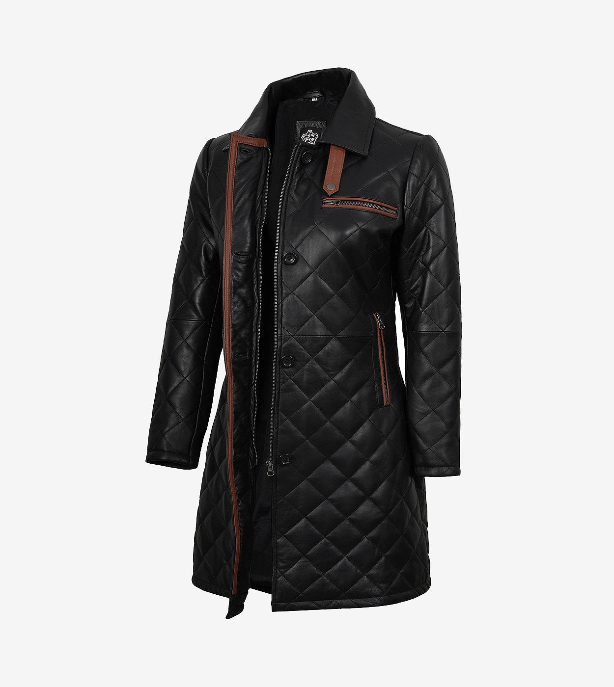 Glen Womens Black Quilted Leather Car Coat