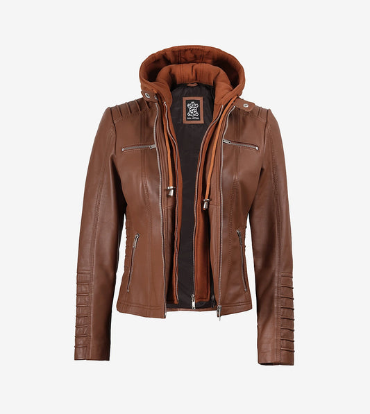 Helen Womens Cognac Leather Jacket With Removable Hood